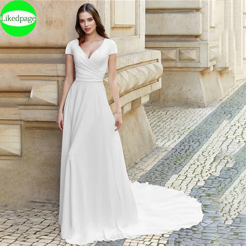 

Hot Sell Short Sleeve Wedding Dresses For Women 2024 V-Neck Vestidos De Novia Pleats A-Line Mariage Custom Made Gown Sweep Train