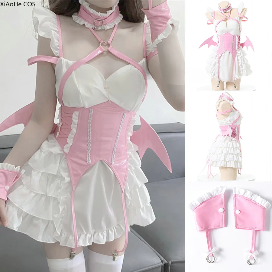 

Halloween Vampire Bat Cosplay Costume Masquerade Party Dress Up Evil Little Demon Maid Outfit Pink Ruffle Suspender Lolita Dress