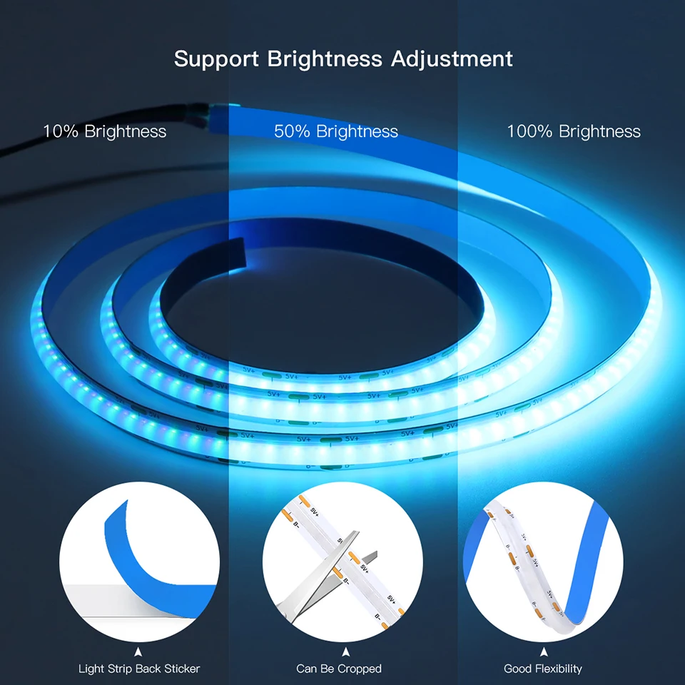 Description Picture 3 of itemTuya Smart WiFi RGB COB LED Strip Light USB 5V 576LEDs/M Remote Dimmable Control LED Tape Ribbon TV BackLight Kitchen Decoration