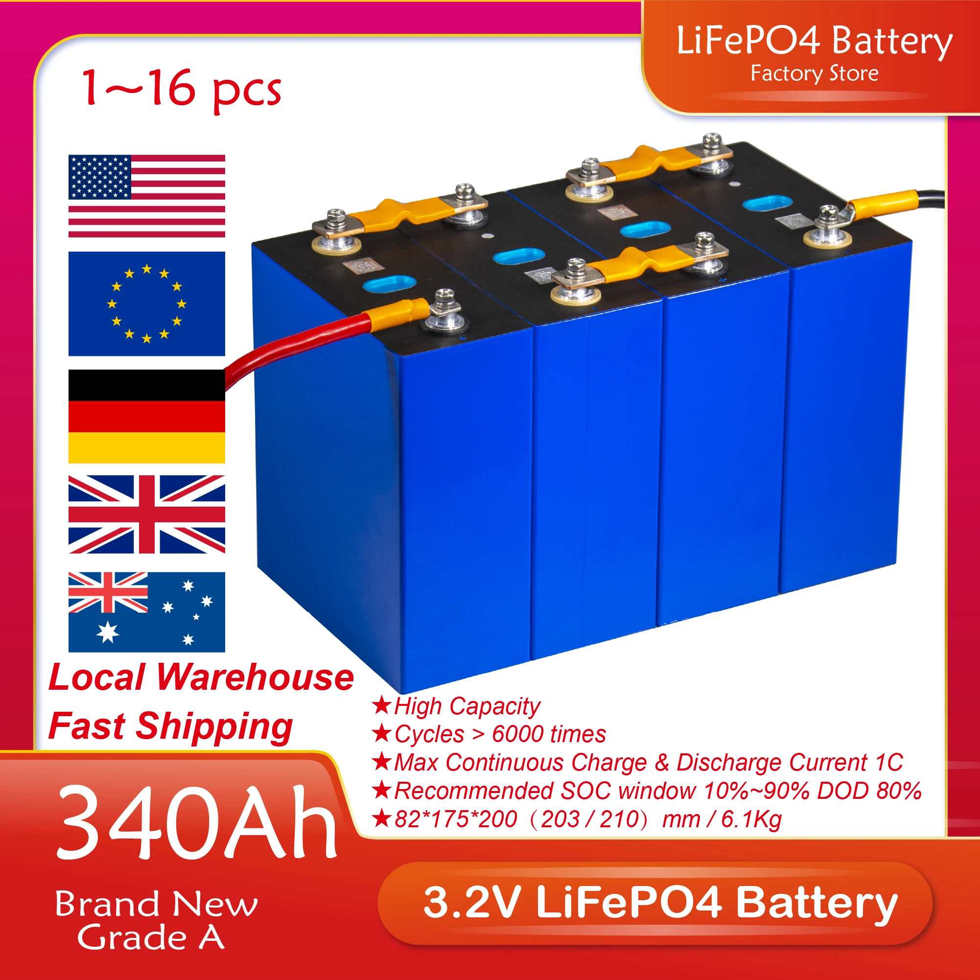 

340Ah 3.2V LiFePO4 Rechargeable Lithium Iron Phosphate Battery DIY 2/4/8/16/24/32/48PCS 12V 24V 48V Cells Pack For RV Boat Solar