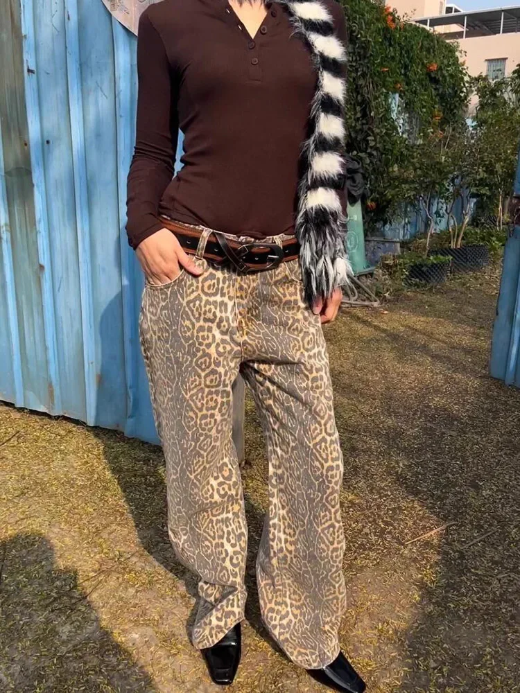 Leopard Print Washed Distressed Wide Leg Pants FemaleFashion Street Slim Women Jeans Casual High Waist New Spring Woman Jeans