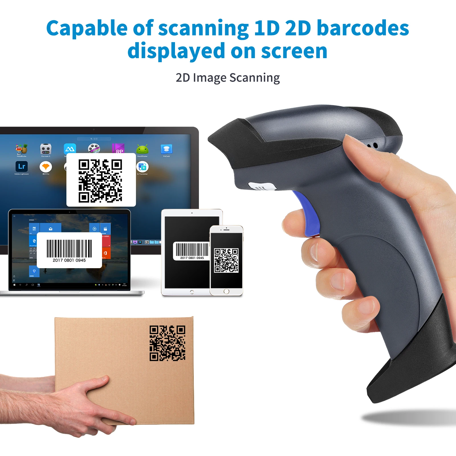 Handheld 1D Wireless Bluetooth Barcode Scanner Reader Cordless Easy Charge 2.4Ghz Wireless Scanner For POS Inventory Mac/ Phone