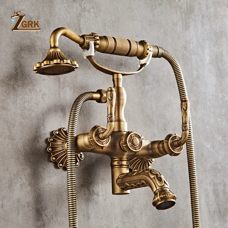 Antique Brass Bathtub Shower Faucets Set Wall Mounted Bath Shower Set Swivel Tub Spout Bath Shower Dual Control Carved Mixer Tap