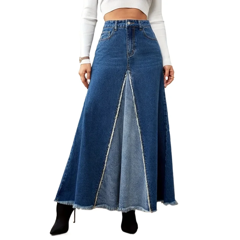 

FUAMOS New Washed Stitching Umbrella Long Dresses Women's Loose European American Large Skirt Casual Clothes