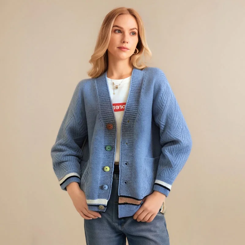 بلوفر شتوى عصري برقبة على شكل حرف V، سترة محبوكة ب...