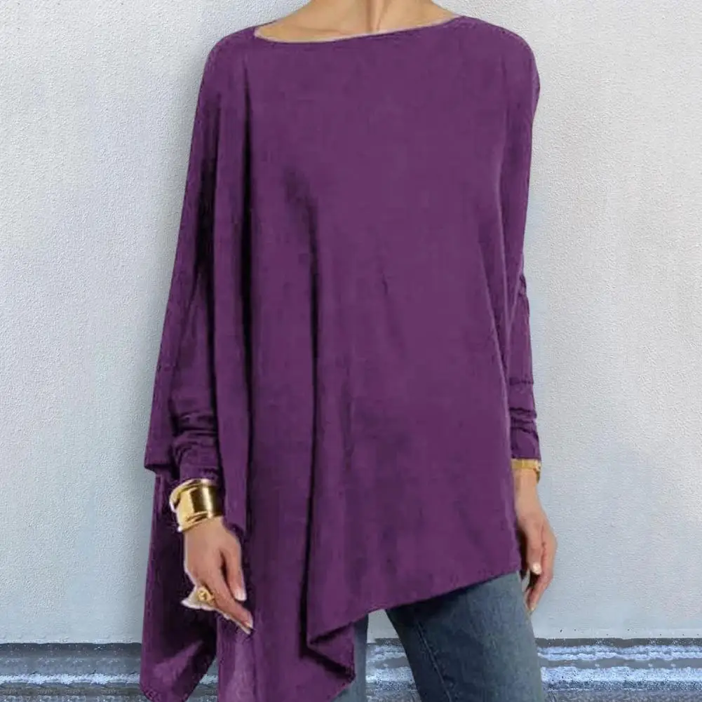Camiseta de manga larga con cuello redondo para mujer, ropa de calle informal de Color sólido, dobladillo Irregular, jersey de longitud media, Top
