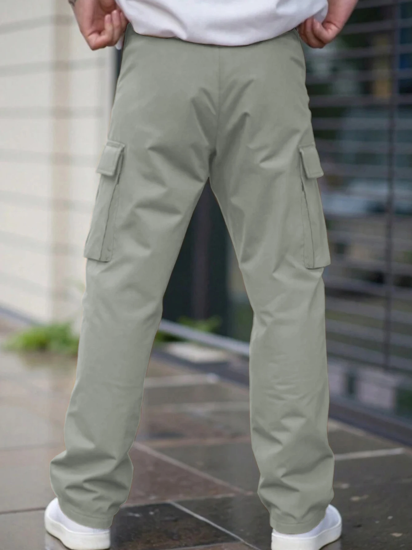 Einfarbige Cargohose für Herren mit Pattentasche, Kordelzug am Bund, normale Passform, lässige Hose mit geradem Bein für den Alltag – Detail 27