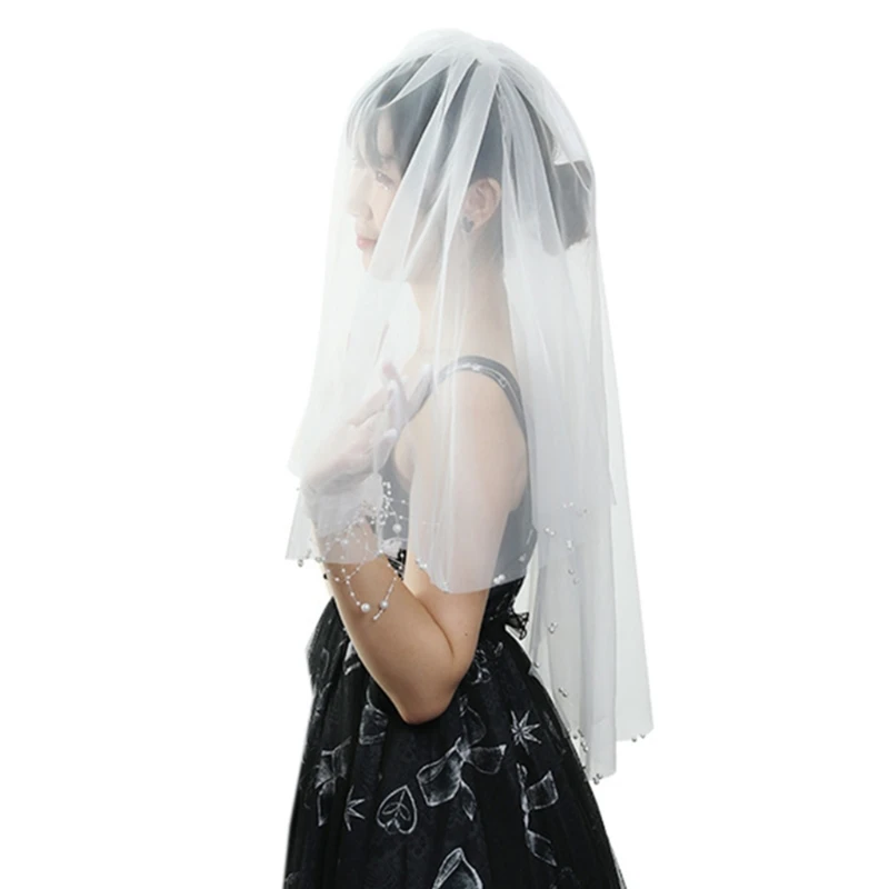 

Short Bridal Veil Cut Two-Layer Sheer Tulle with Beads for Bride Bridesmaid