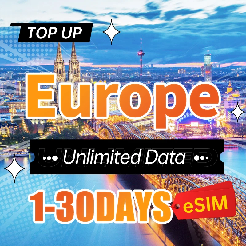 유럽 선불 4G 데이터 SIM 카드, 1-30 일 고속 무제한 인터넷, eSIM 여행 모바일 SIM 카드, 지지대 eSIM 전용
