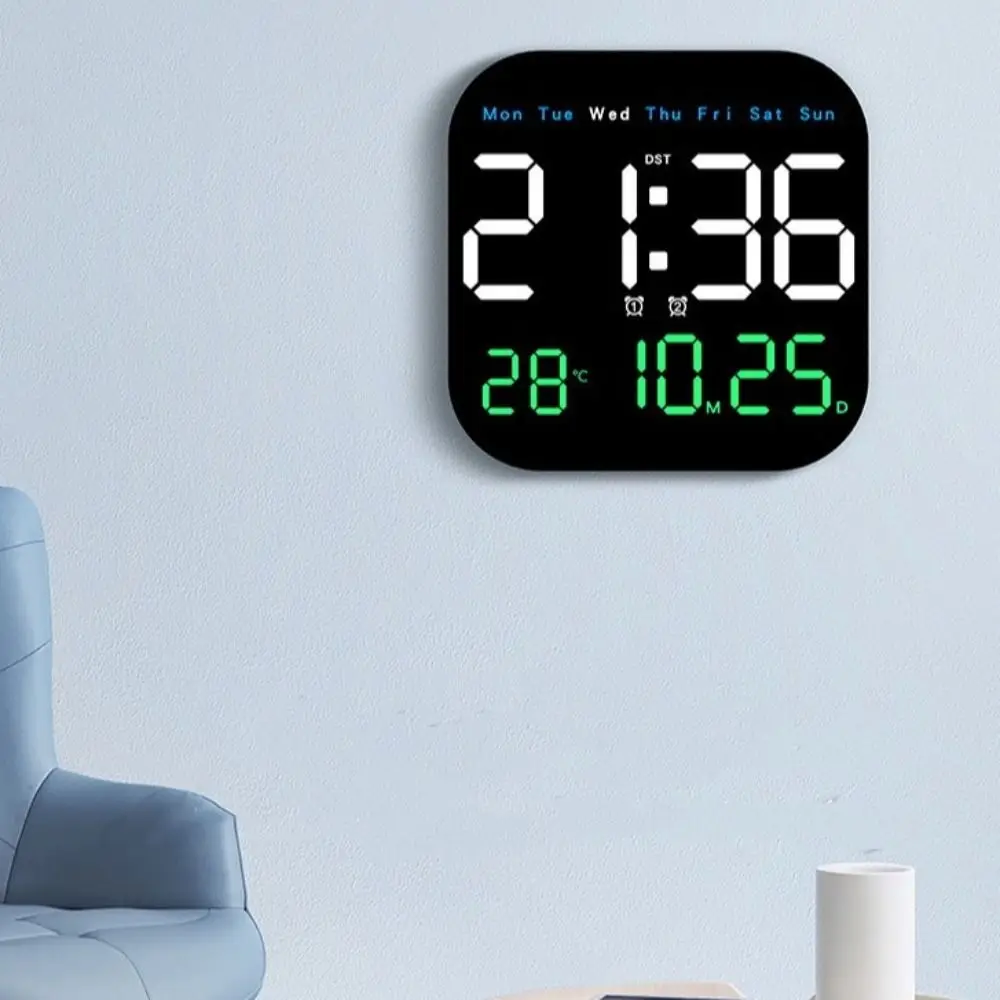 Large Display Digital Wall Clock Temperature Display Week Display LED Alarm Clock 12/24H Format Brightness Adjustment