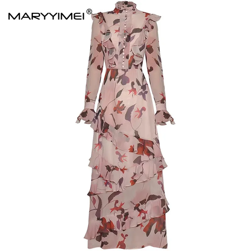 

MARYYIMEI Fashion Women's New Stand-Up Collar Flare Long-Sleeved Printed Tiered Flounced Edge Vintage Shaggy Gown Maxi Dress