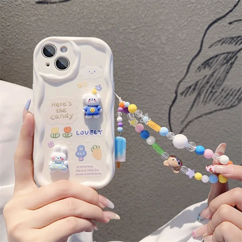 3D Rabbit Puppy Cartoon Wave Soft Phone Case with Lanyard