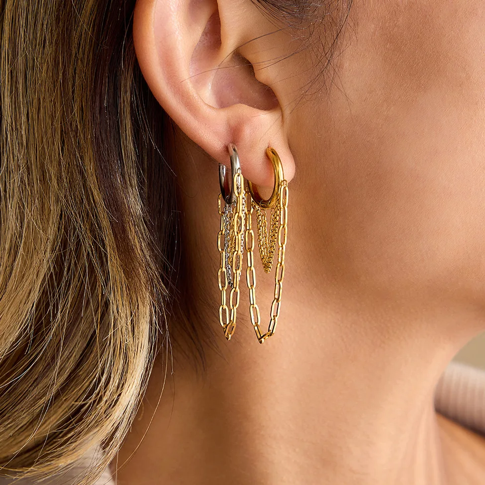 Hiphop Rock Multi Layer Chain Pendant Earrings Two-tone Mix Color Circle Huggies Ear Hoops Everyday Versatile Jewelry Waterproof