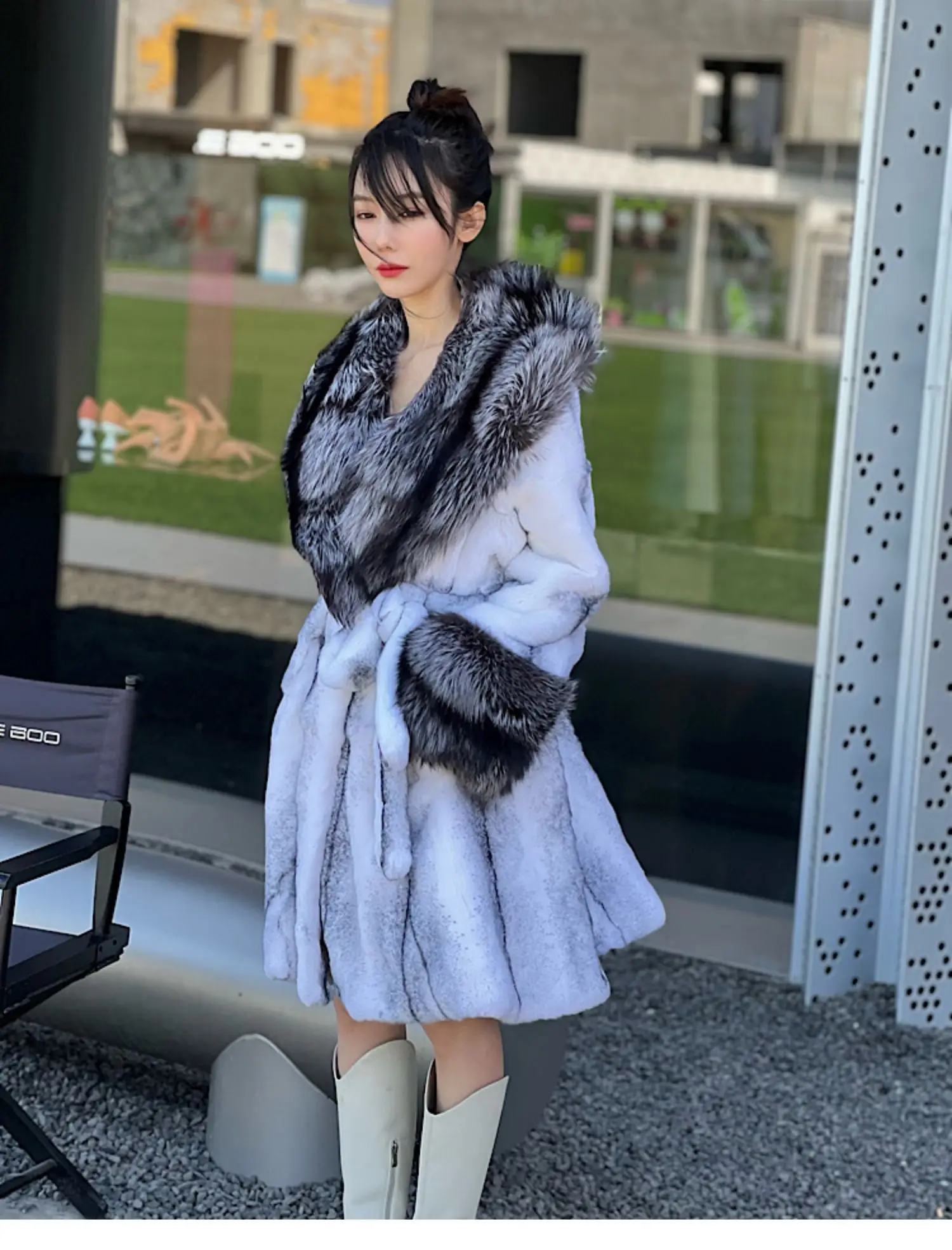 FURYOUME Long Natural Rabbit Fur Coat for Women Large Real Silver