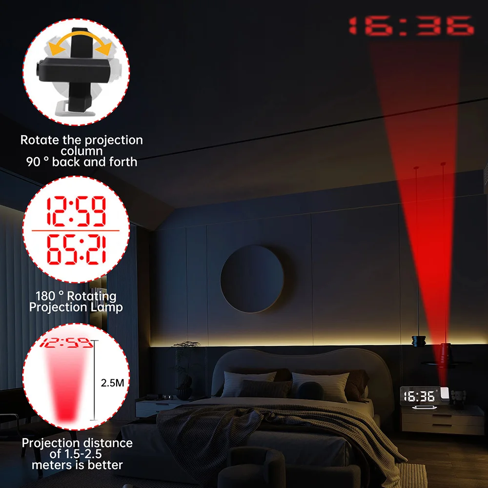 180 Degrees Projection Digital Alarm Clock Snooze Table Clock Time Temperature Display LED Mirror Projection Alarm Clock 5