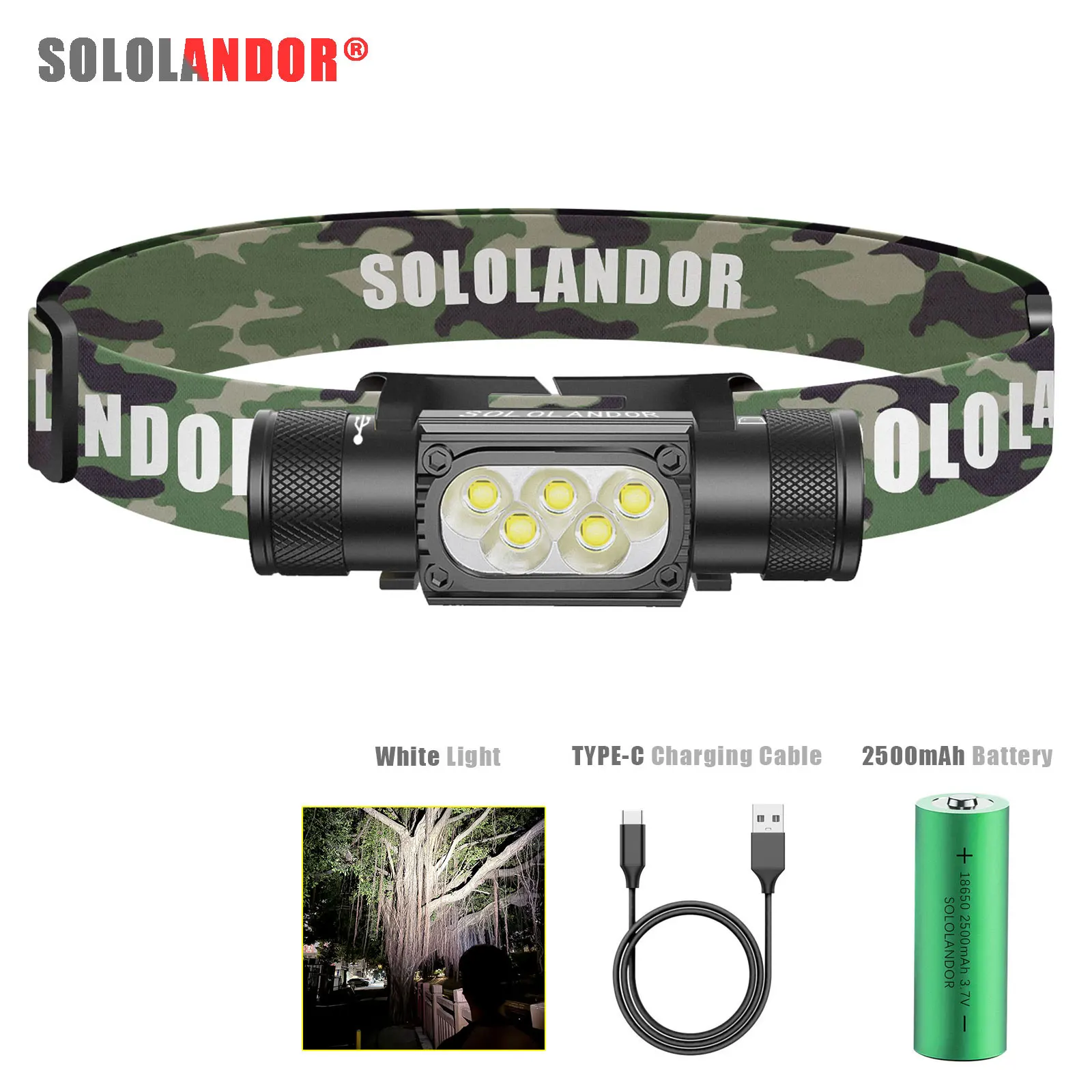 1PC SOLOLANDOR HD35AY LED Headlight USB Type-C Flashlight 2500mah 18650 Battery Memory Headlamp Multifunction Head Light Lamp