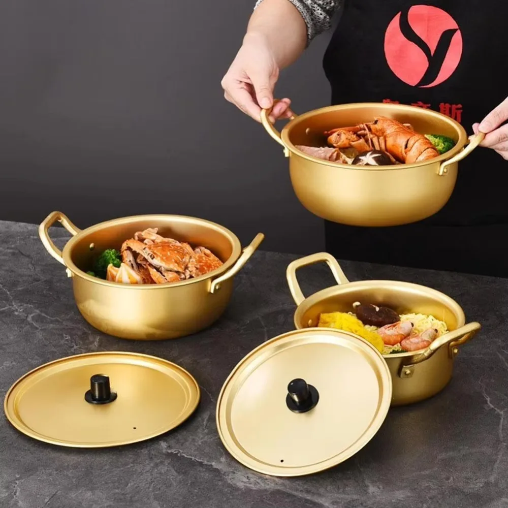 Gold Ramen Noodle Pot Aluminum Easy To Clean Soup Hot Pot Universal Double Ears with Lid Noodle Cooking Induction Cooker Gas