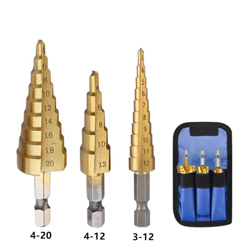 3-12 4-12 4-20MM HSS Straight Fluted Pagoda Step Drill 3Pcs Cloth Bag Hex Shank Reamer Bit Set Titanium Coated Wood Metal Hole drill bit set