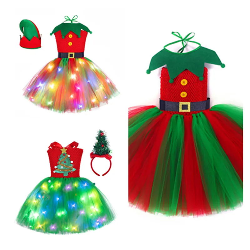 

Christmas ELF Cosplay Costume Kids Cirls Tutu Dress Headband LED Glowing Dress Outfits Halloween Carnival Party Suit