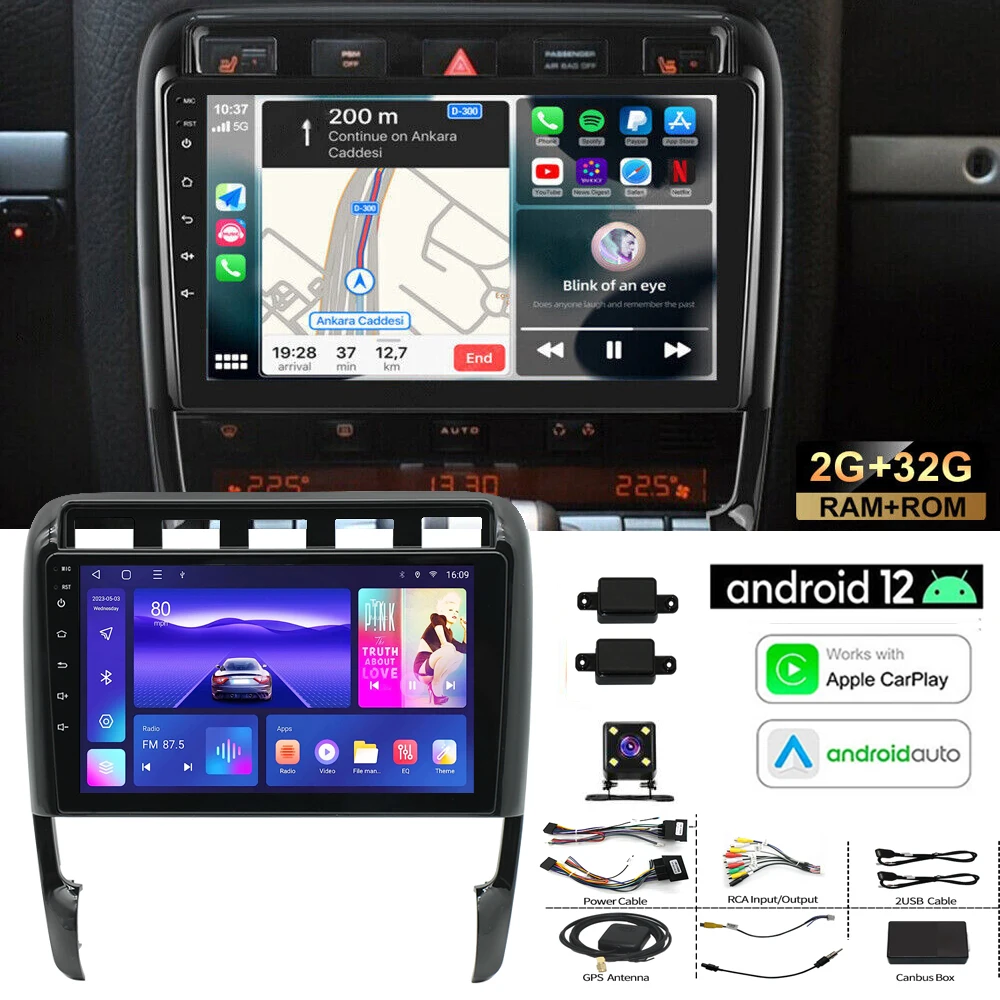 2 DIN Android 13.0 2+32G Car audio player for Porsche Cayenne 9PA 955 957 2002-2010 9" Touch screen with auto Wireless Carplay