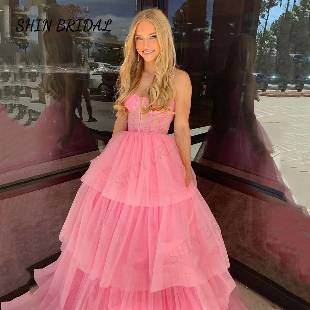 

Горячее розовое Тюлевое платье для выпускного вечера 2024, сексуальные кружевные вечерние платья до пола на тонких бретельках, платья для официального мероприятия, корсет на спине