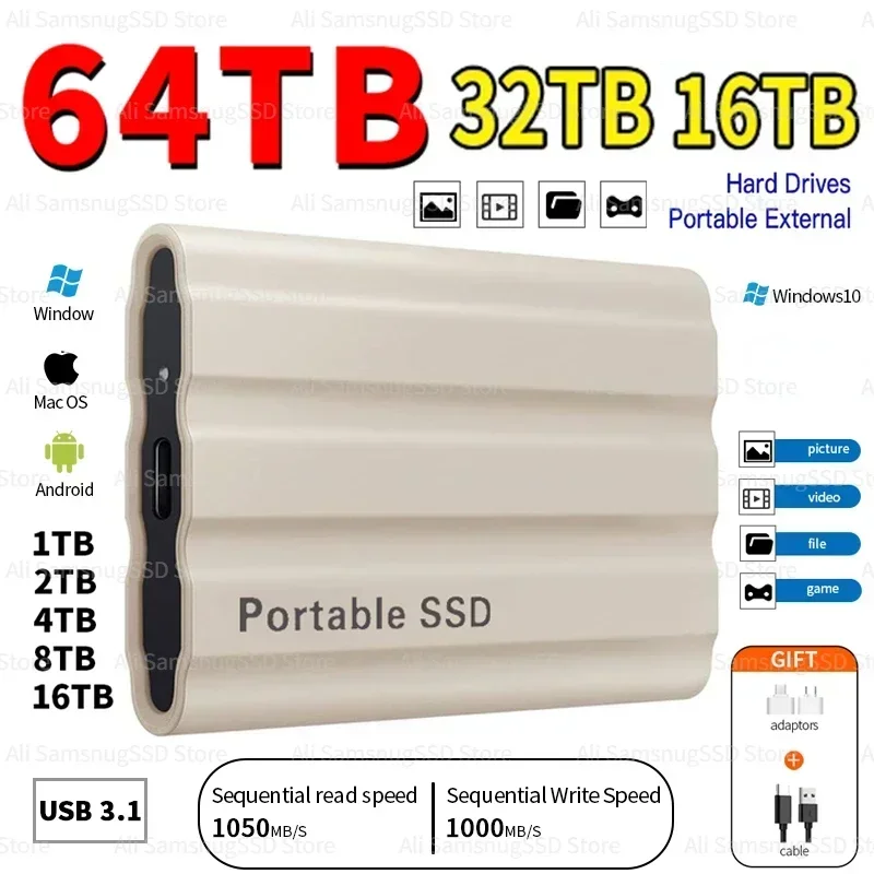 

1TB External Hard Drive Portable SSD 16TB Hard Disk Storage High-Speed External Solid State Drive USB 3.1/Type-C for PC/Mac