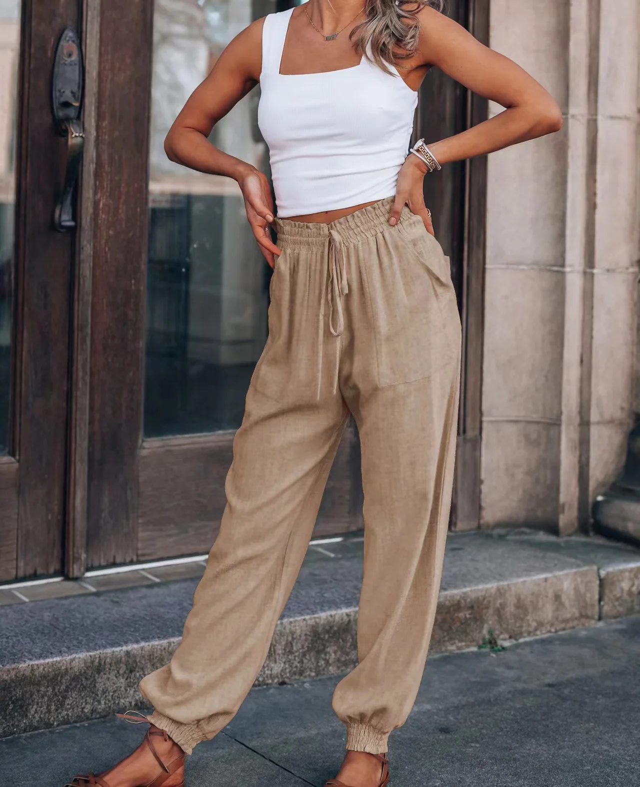 Women's Solid Color Rayon Comfortable Casual Pants Fashion Drawstring Elastic Waist Haren Pants