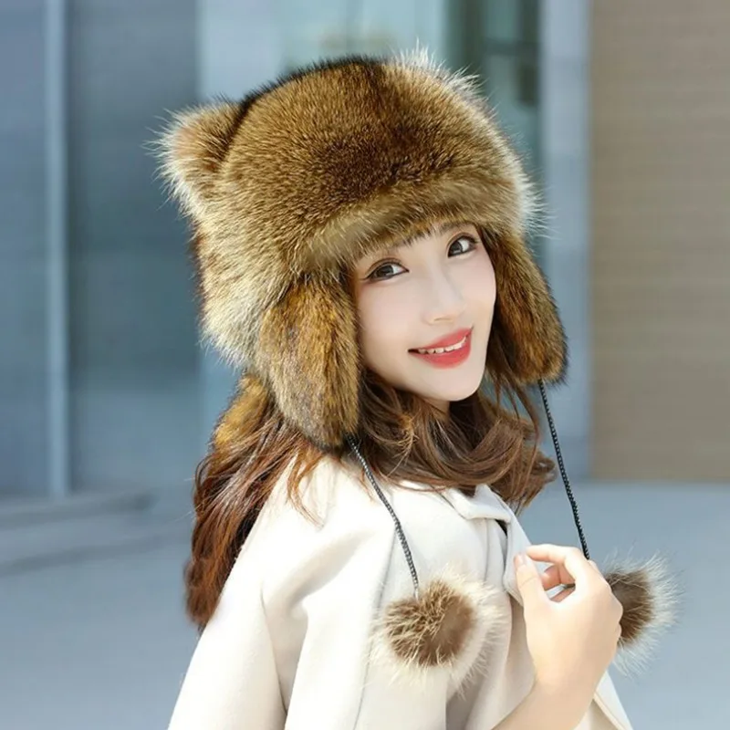 trend Raccoon Fur Cap Tail Women Natural Raccoon Fur Caps Ushanka