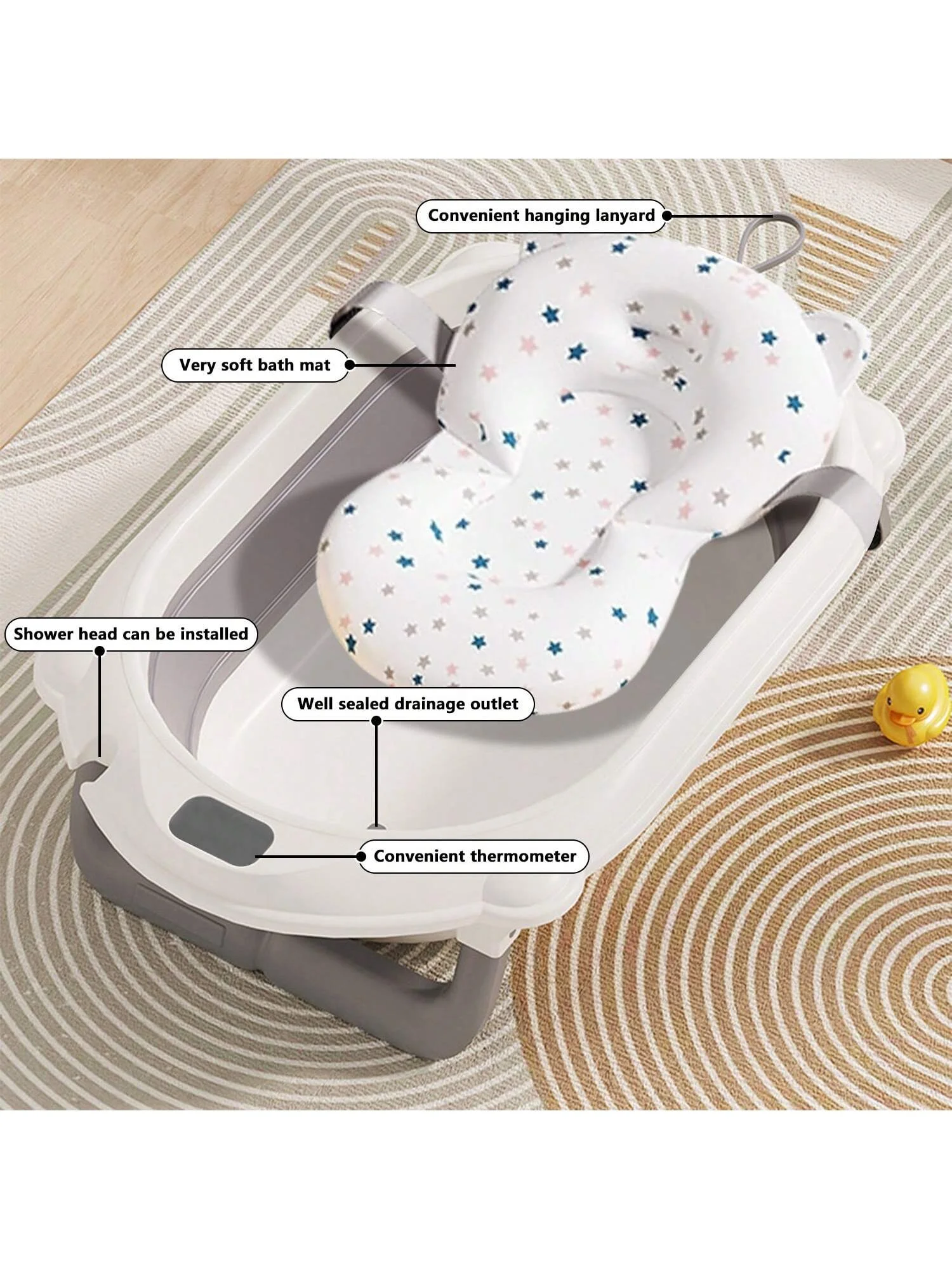 Foldable Baby Bath Tub with Stand, Built-in Thermometer,