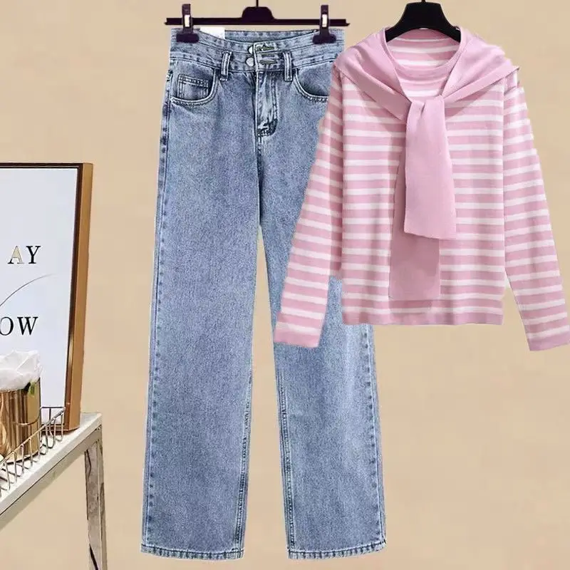 Set 2023 New Spring and Autumn Academy Style Knitwear Women+High Waist Reduced Age Jeans Women's Two Piece Set