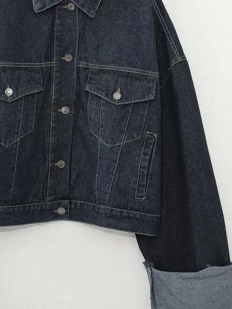 Herbst Mode Frauen Denim Hohe Taille Breite Bein Hosen + Weibliche Lange Hülse Mit Patten Taschen Abgeschnitten Mantel Zwei Stücke set – Detail 7