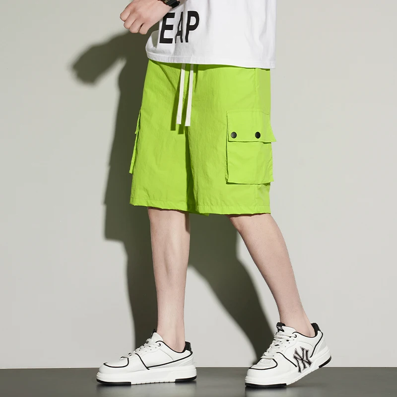 Men Trendy Casual Streetwear Loose Ice Silk Straight Short Pants 2024 Summer Youth Student Sports Pockets Beach Y2K Cargo Shorts