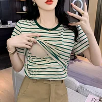 New 2025 Striped Nursing T-Shirt Soft Comfortable Summer Postpartum Mommy Feeding Top Base Shirt Maternity Wear Baby Feeding