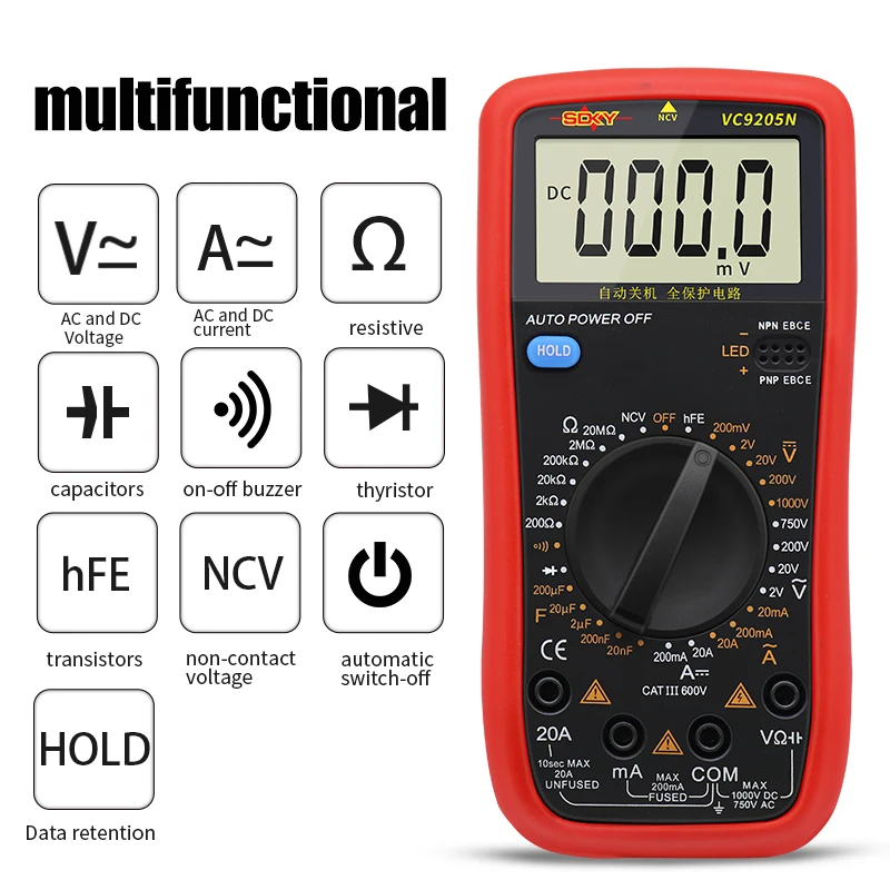 SDKY VC9205N multímetro Digital de 2000 recuentos, probador de corriente de voltaje CA/CC, medidor de prueba eléctrica Profesional analógico