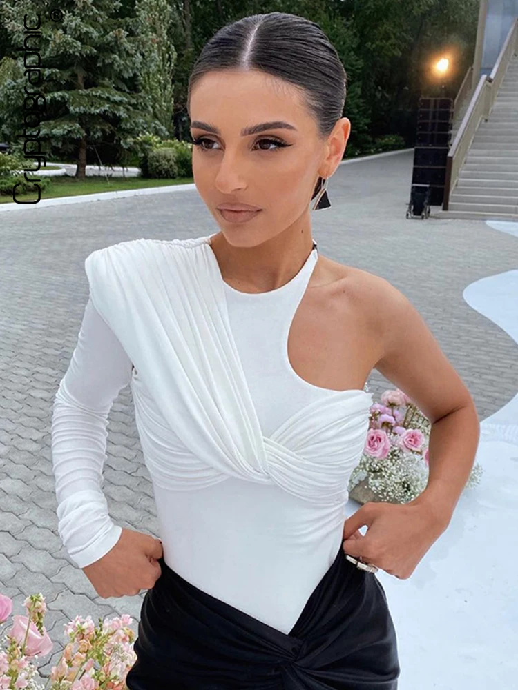 White Long Sleeve One Shoulder Twist Bodysuit