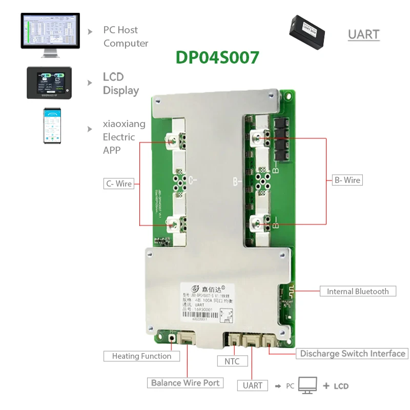 JBD 스마트 BMS LiFePo4 4S 12V 100A 150A 200A 자동차 시동 전원 UART 내장 BT 기능 NMC LFP 배터리 밸런스 보호 보드