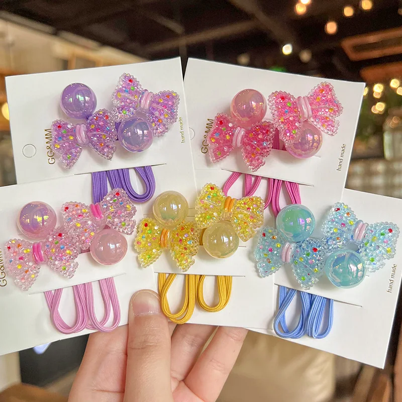 2PCS New Lovely Colored Sugar Bow Girls Elastic Hair Bands Kids