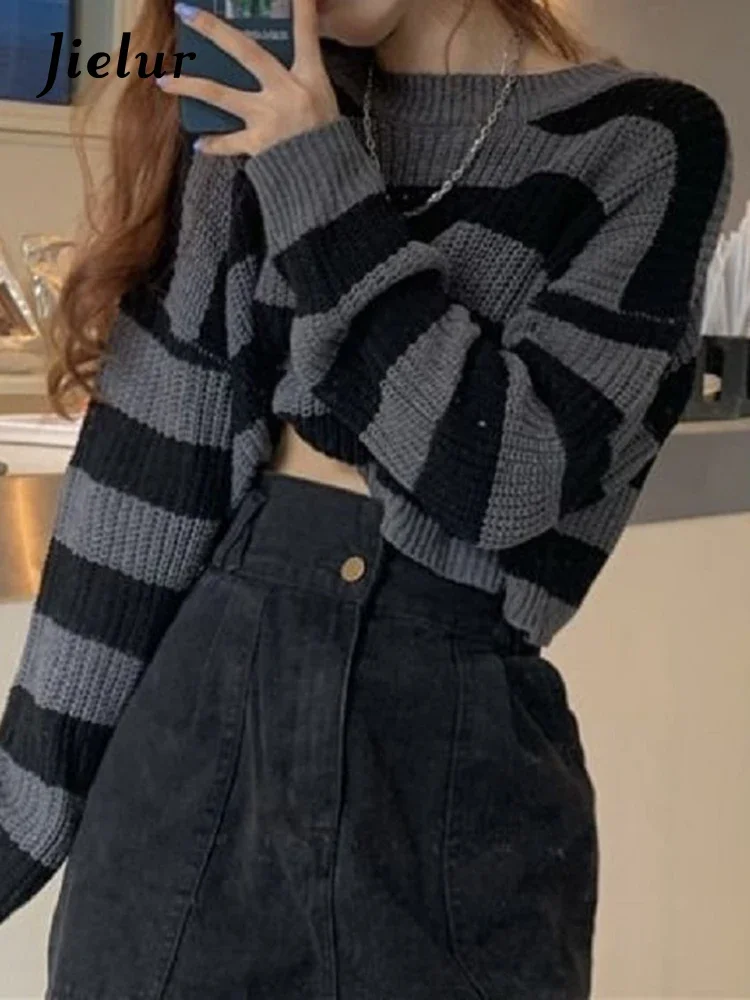 

Jielur Korean Style Striped Cropped Sweater Women Vintage Oversize Knit Jumper Female Autumn Long Sleeve O-Neck Pullovers Tops