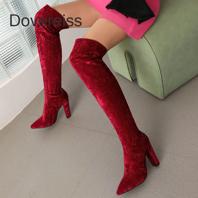 

Dovereiss Shoes Women 2023New Winter Fashion Pointed Toe Slip On Red Over The Knee Boots Chunky Heels Big Size 42 43 44 45 46 47