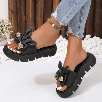Summer Casual Fashion Round Toe Flat Solid Color Comfortable Open Toe Metal Decorated Non-Slip Women's Slippers 1
