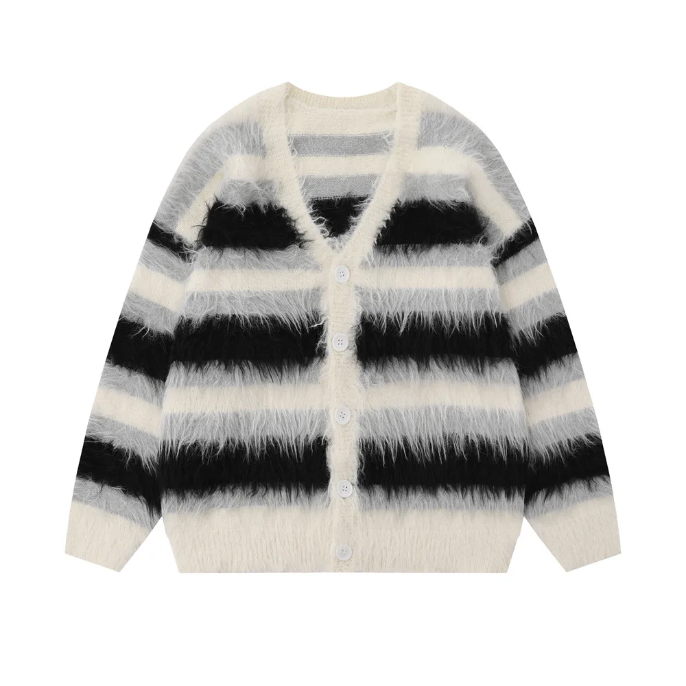Striped Plush V-neck Sweater Men's Loose Casual Brushed Knit Trendy Couple Versatile Comfortable Harajuku High Street Cardigan 3