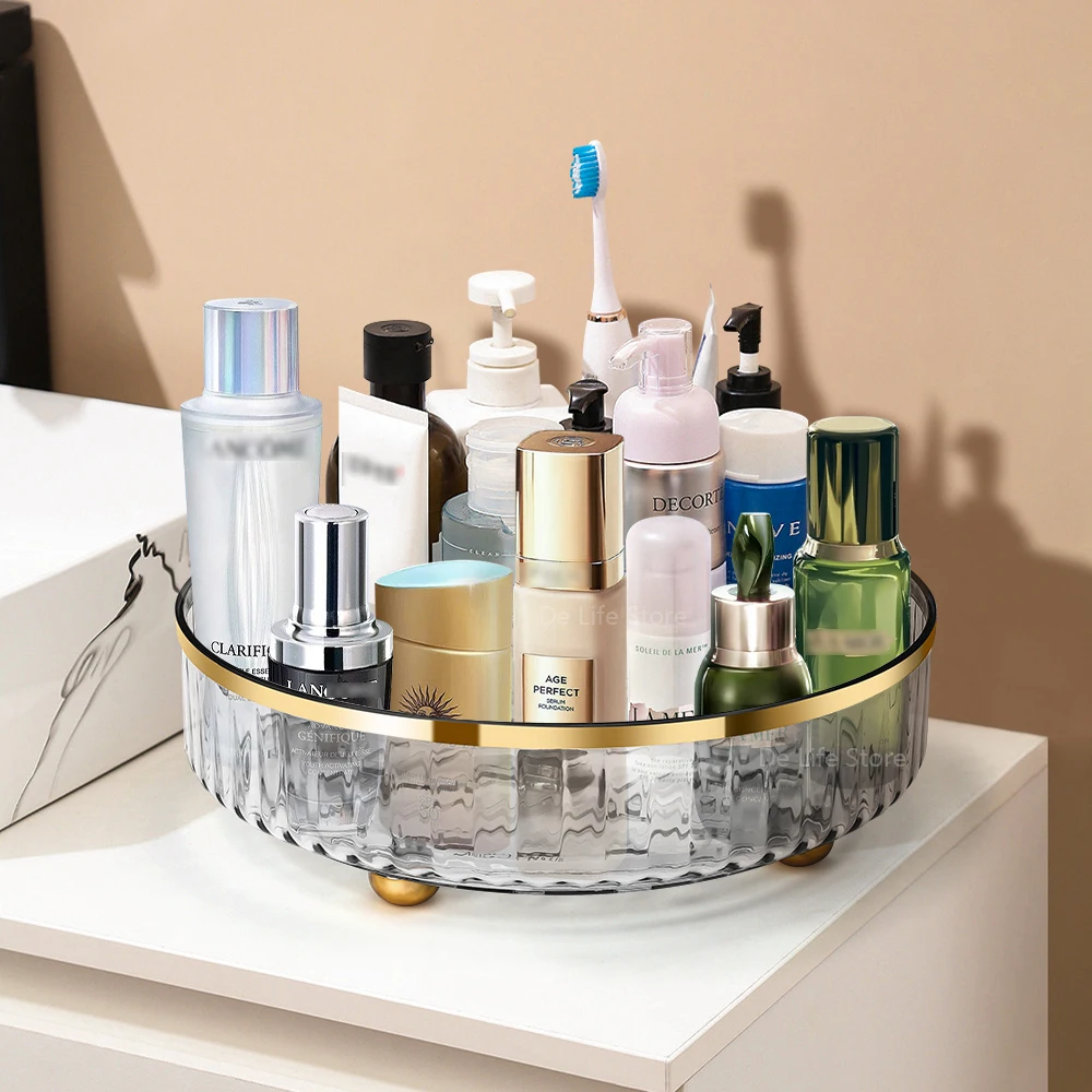 1/2 Layers Rotating Perfume Organizer For Dresser Light Luxury Skincare Cosmetic Organizer PET Bathroom Storage Tray 4
