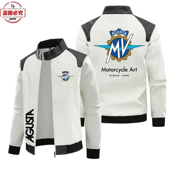 Giacca in pelle PU lavata vintage con logo moto MV Agusta Giacca in pelle a contrasto da uomo autunno inverno antivento 1