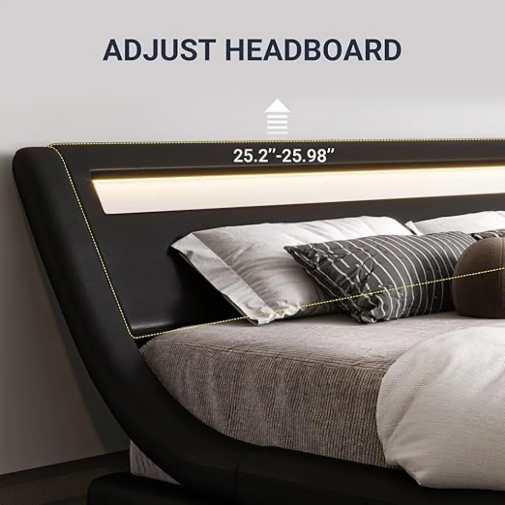 LED Platform Bed Frame with Adjustable Headboard/No Box Spring Need/Easy Assembly/Faux Leather