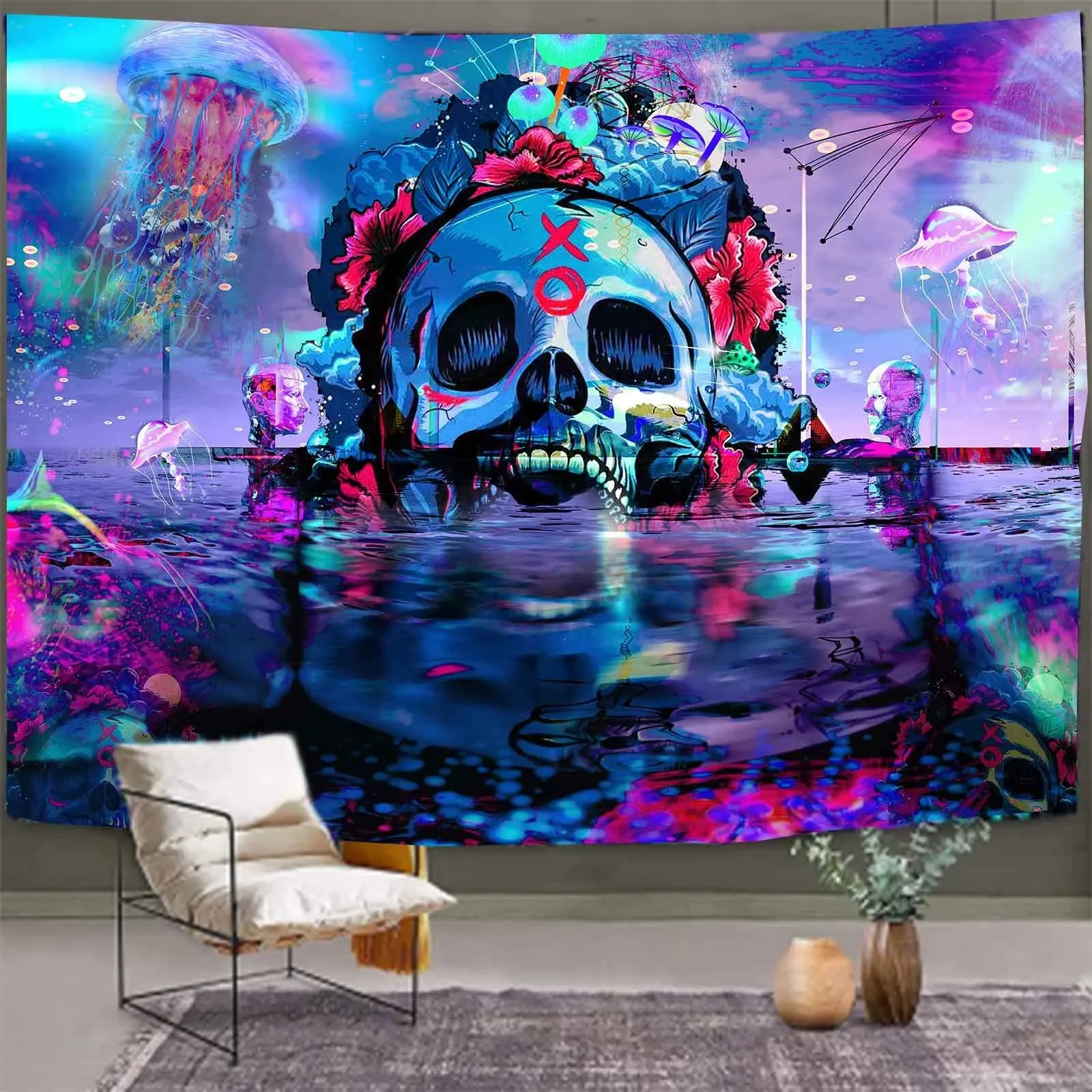 

Fantasy Skull Ocean Tapestry Psychedelic Jellyfish Mysterious Skull Aesthetic Wall Hanging Tapestries for Bedroom Living Room