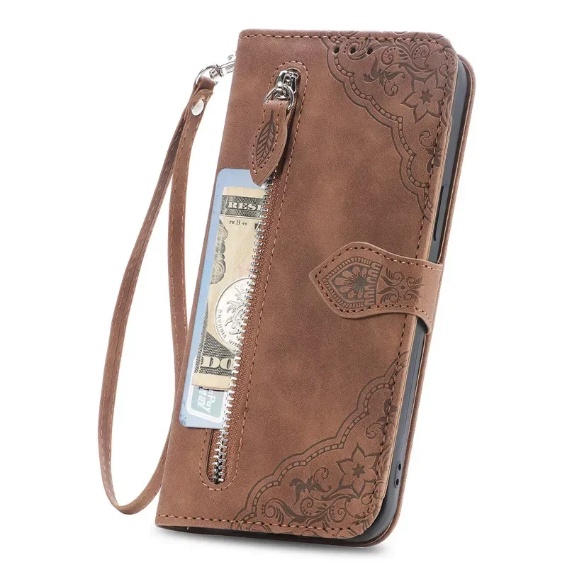 Leather Magnetic Zip Wallet Card Cover Phone Case