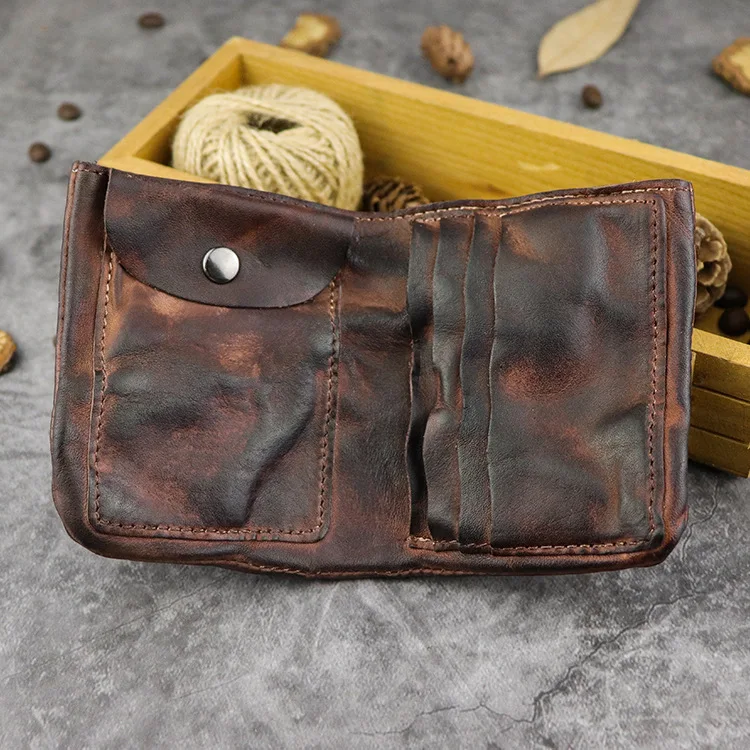 Handmade Vintage Style Men's Leather Wallet, Short Design with Folded Card Holder