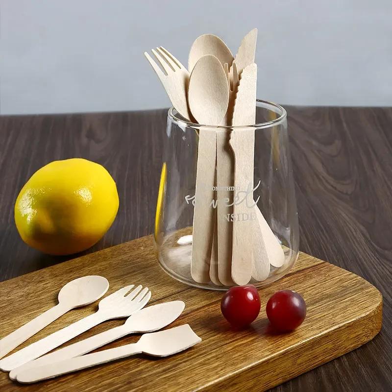 Disposable Wooden Spoon Set Wooden Knife Fork Cake Dessert Spoon Fruit Fork Ice Cream Biodegradable Commercial Tableware