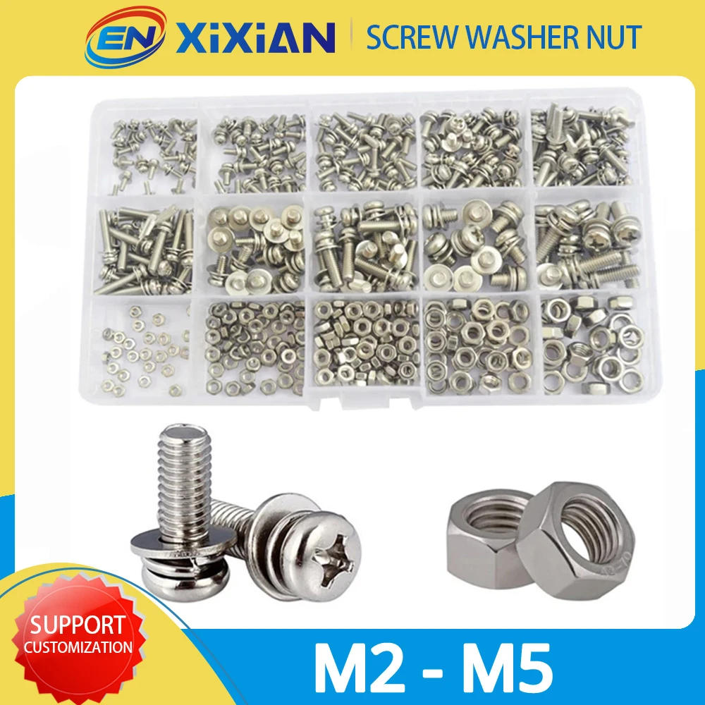 M2 M2.5 M3 M4 M5 Phillips Pan Round Head Bolt Nut Washer Combined Set Metric 304stainless Steel