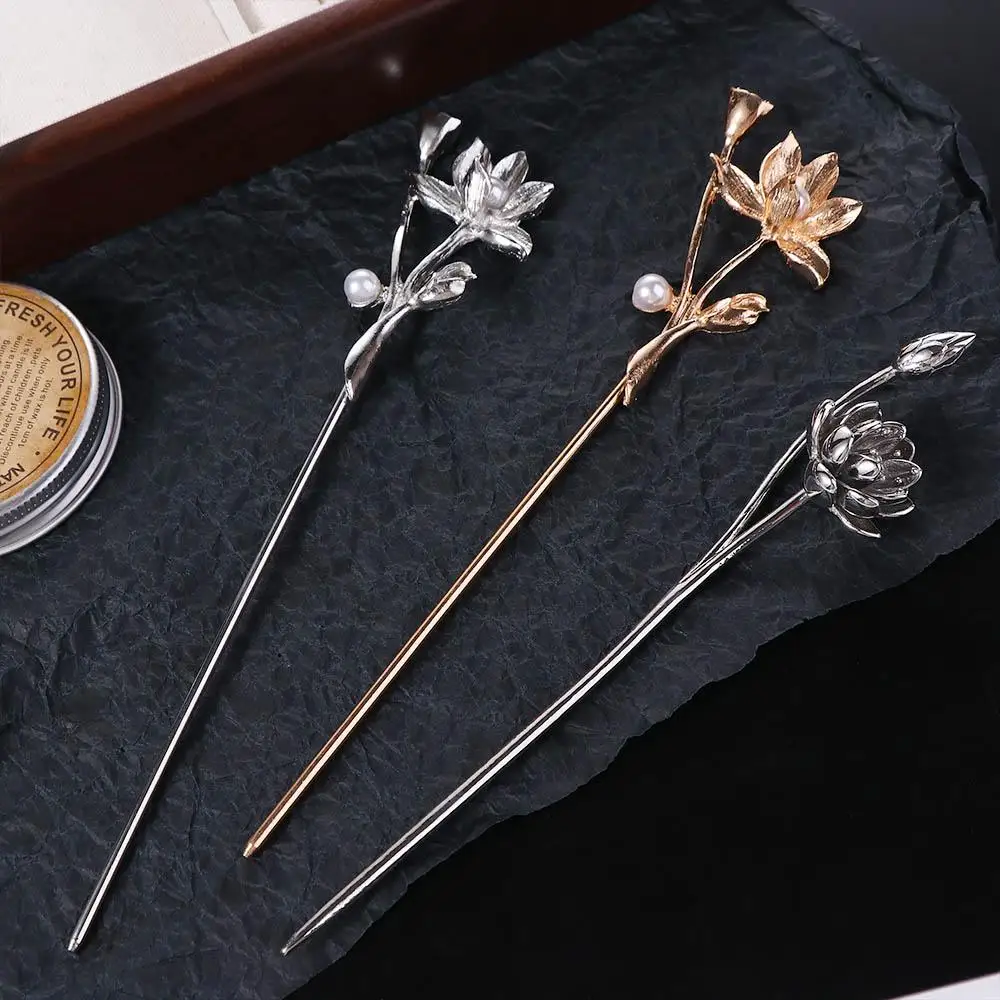 Antikes Haarstyling-Werkzeug mit Perlen, Lotusblumen und Lotusblüten, Haarnadel aus Metall, Hanfu-Haarnadel im antiken Stil, chinesischer Kopfschmuck_voghion.com